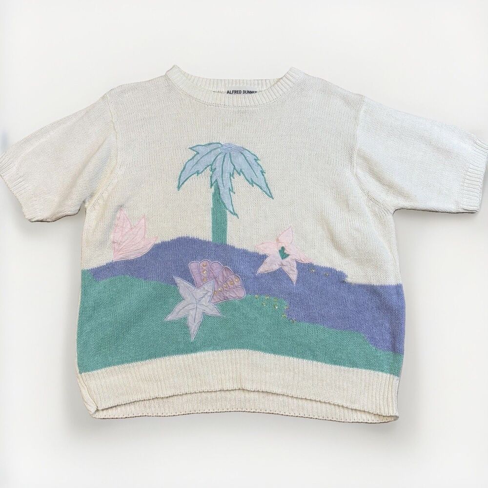 Vintage Alfred Dunner Sweater Womens M Pastel Floral Applique Ramie Cotton 90s
